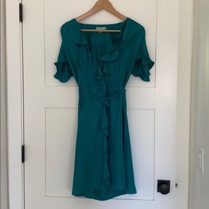 Emerald Green Silk Dress with ruffles and belt